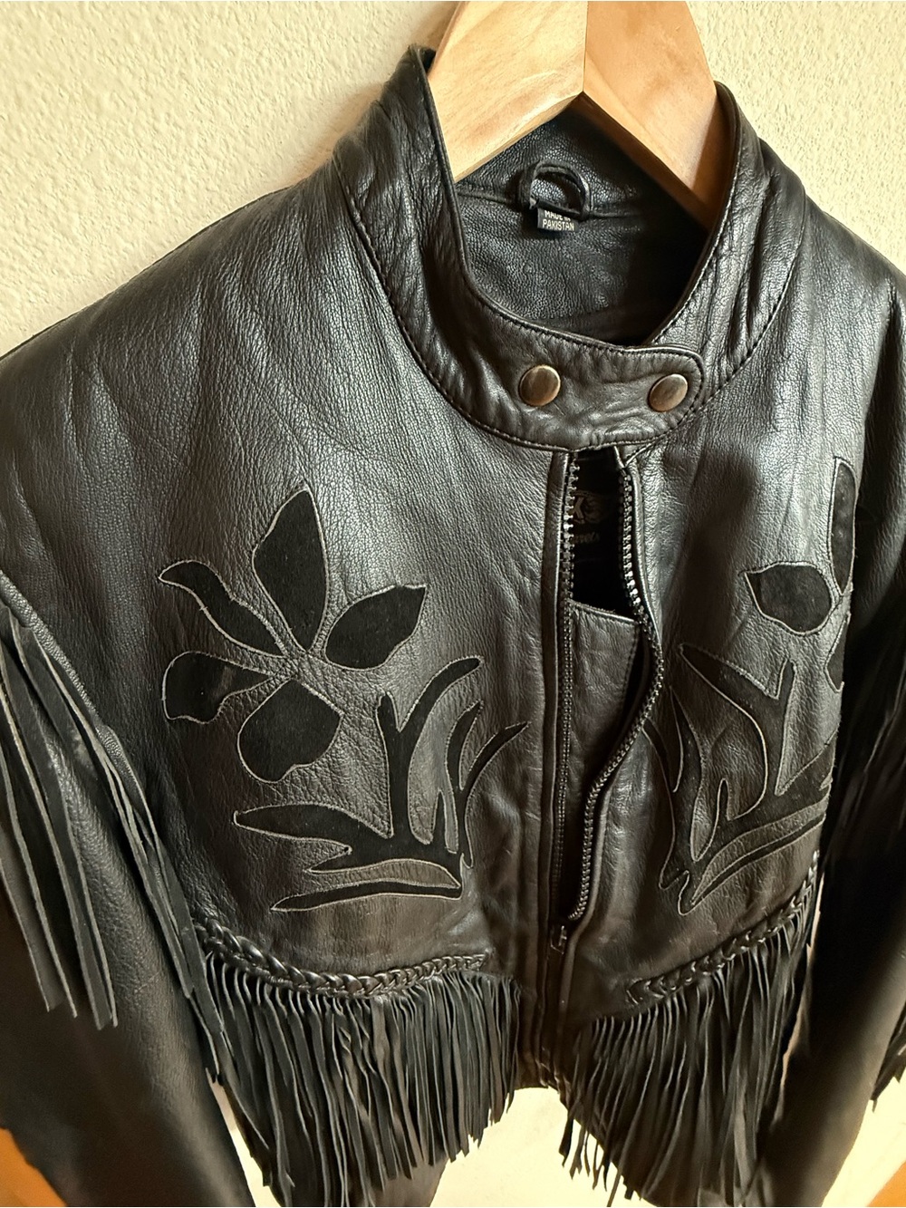 VTG Unik Leather Apparels Fringe Floral Applique Western Festival Moto Jacket M - Picture 5 of 10